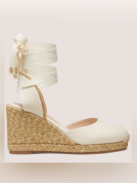 Stuart Weitzman Shoes - Stuart Weitzman Cream Canvas Espadrille Wedge with Wrap Ankle Ties NWOT